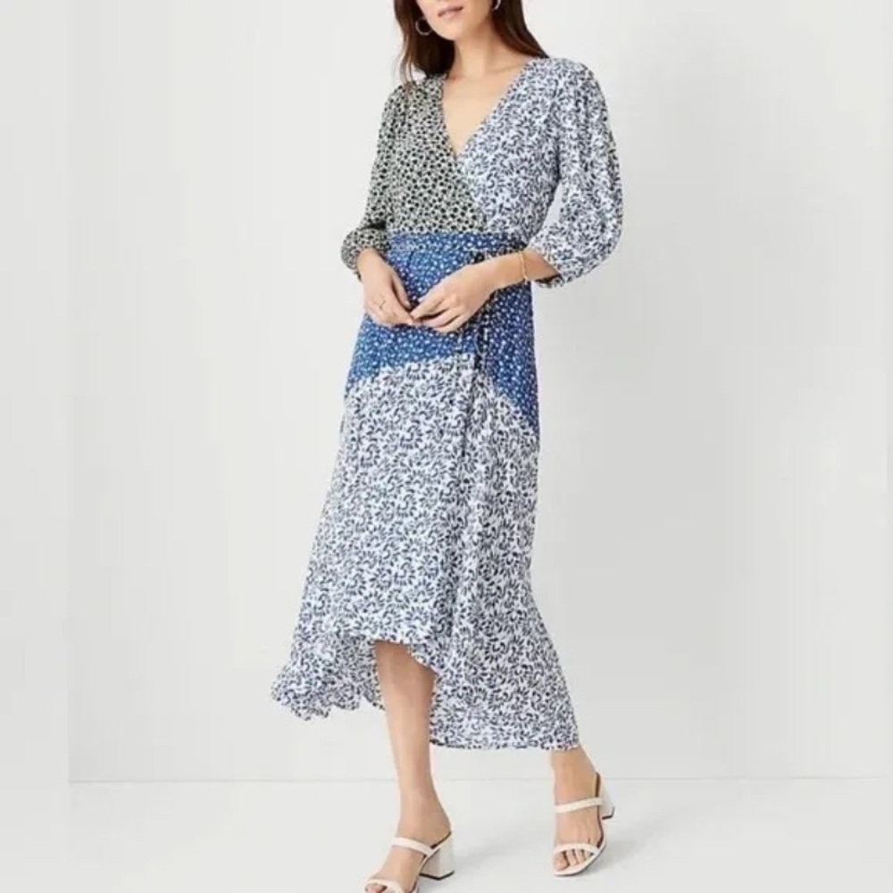 Ann Taylor Floral Wrap Dress Patchwork Hi-Lo Midi Dress